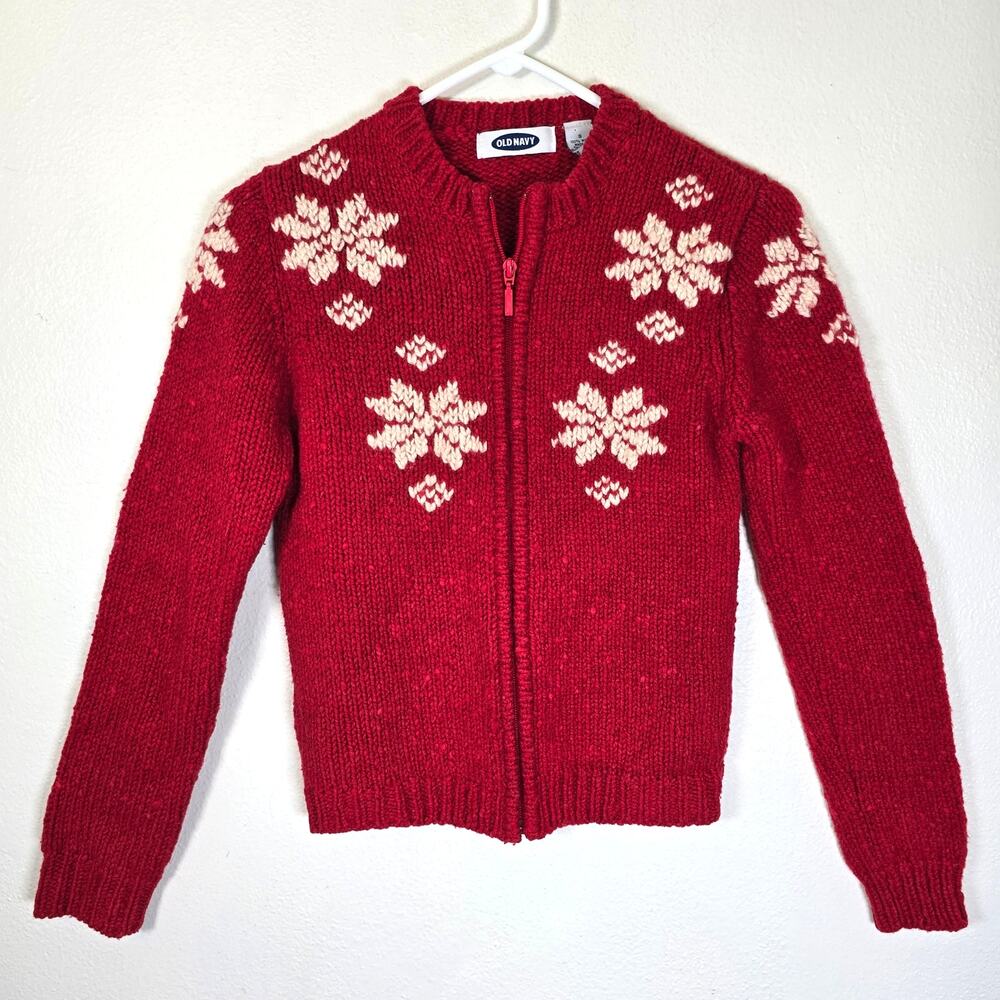 Old Navy Snowflake Zip Up Cardigan Women's S Wool Red White Winter Scandi Girl
